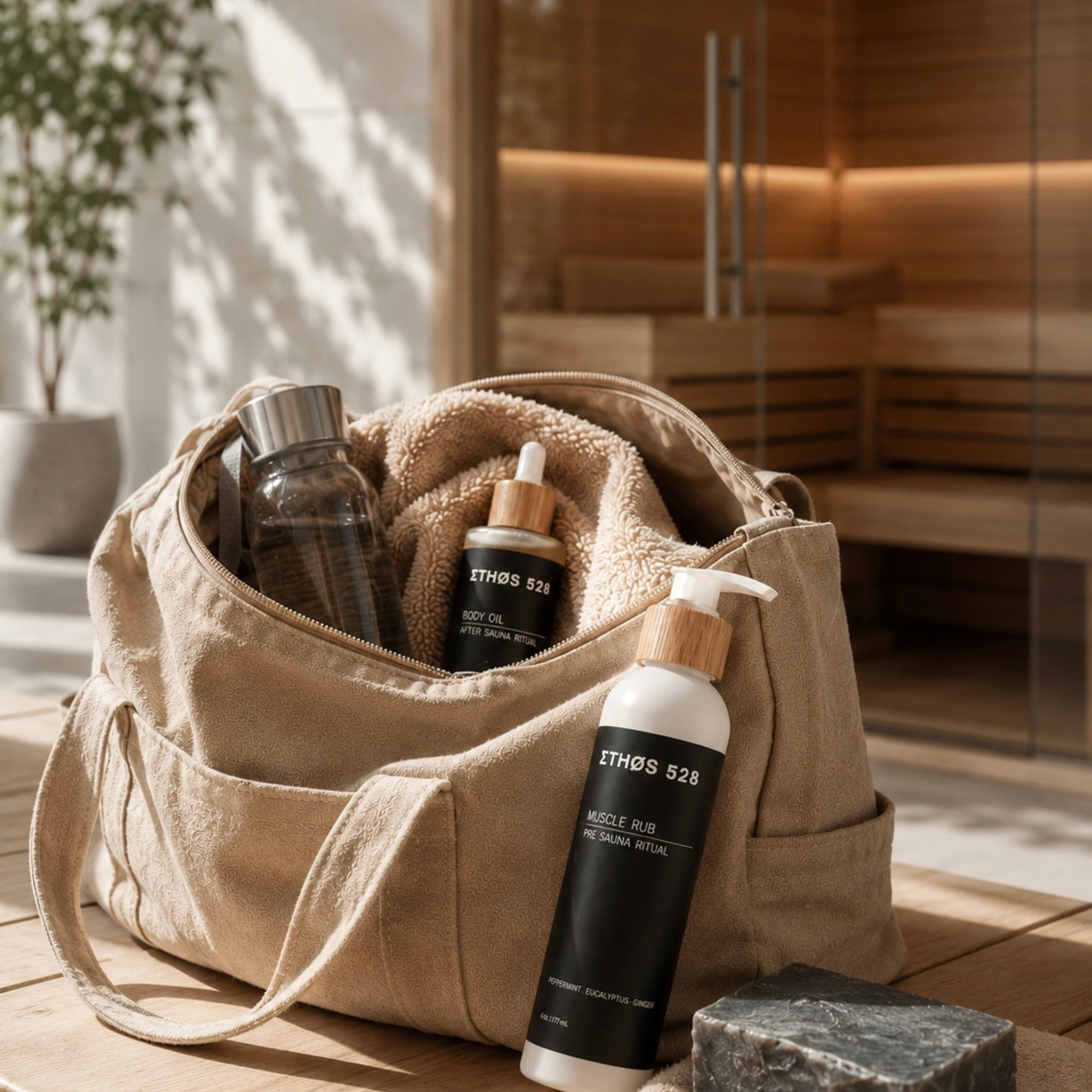 Gym bag with sauna lotion, ETHOS 528 sauna body oil in a wellness center sauna