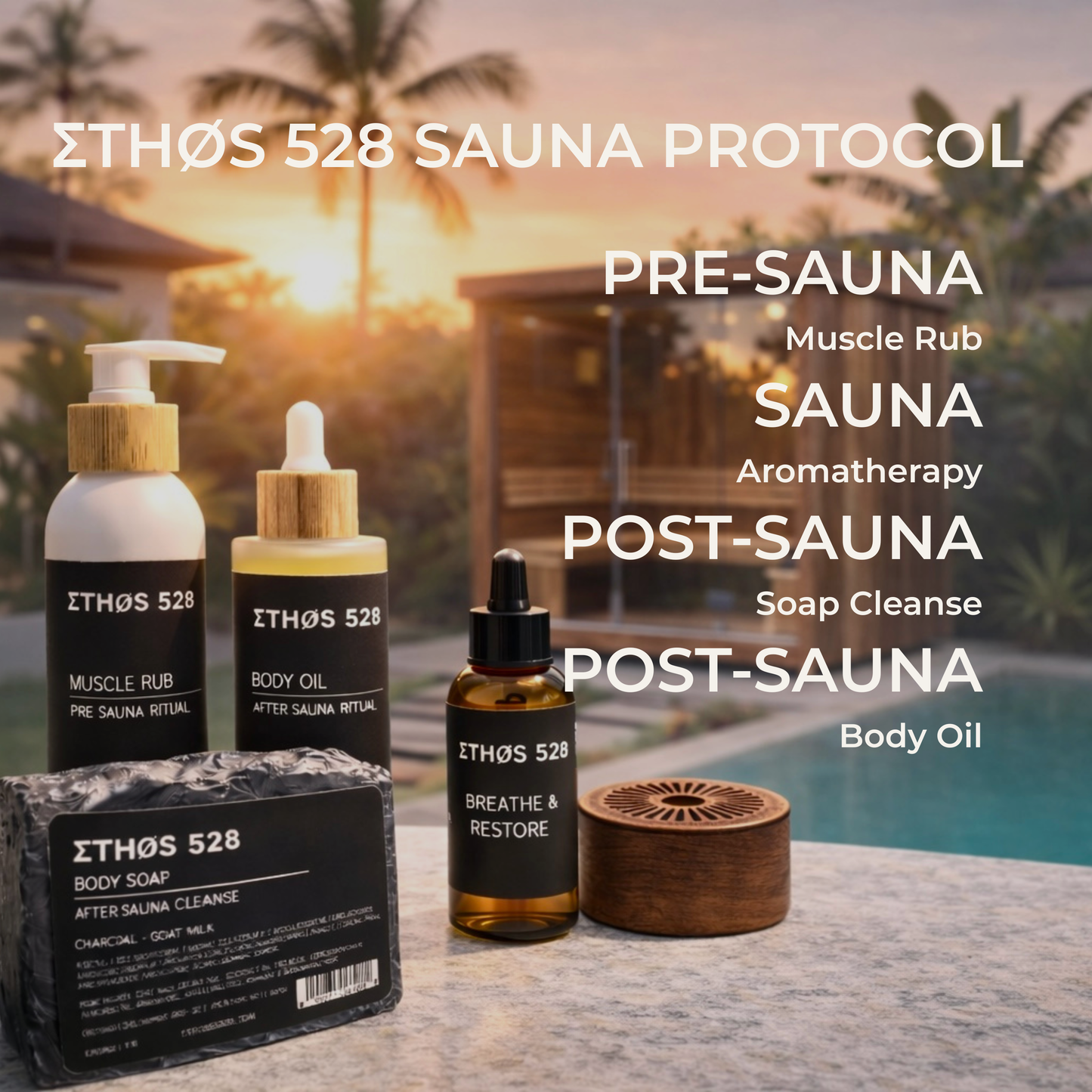 ETHOS 528 sauna protocol products with a sunset and sauna background