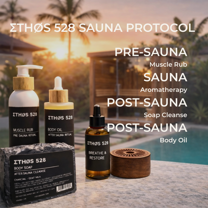 ETHOS 528 sauna protocol products with a sunset and sauna background