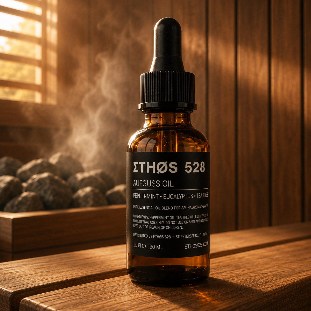 A 30 ml amber glass dropper bottle of ETHOS 528 Aufguss Oil (Peppermint, Eucalyptus, Tea Tree) in a sauna with a warm, atmospheric background of wood paneling and steam.