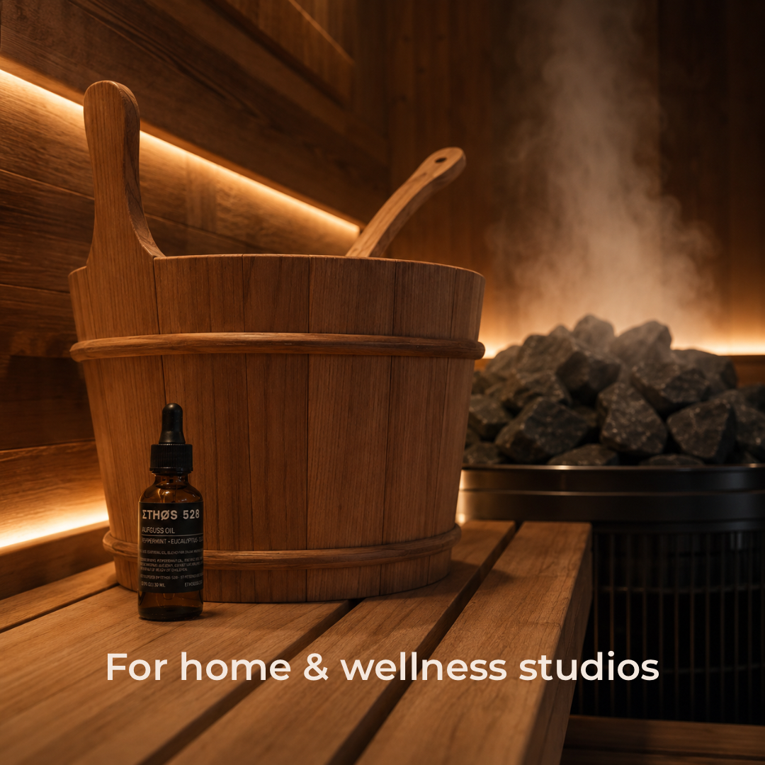 A wooden sauna bucket with a wooden scoop sits on a wooden bench in a steamy sauna, with a small amber dropper bottle placed in front. The text 'For home & wellness studios' appears at the bottom.